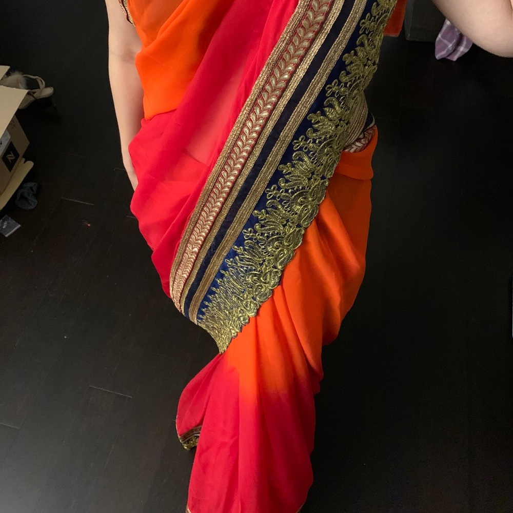 Ombre saree with blouse (red, orange, blue)